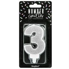PartyDeco Verjaardag Kaars Nummer 3 - Zilver
