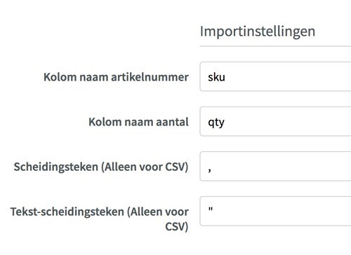 Voorbeeld importinstellingen